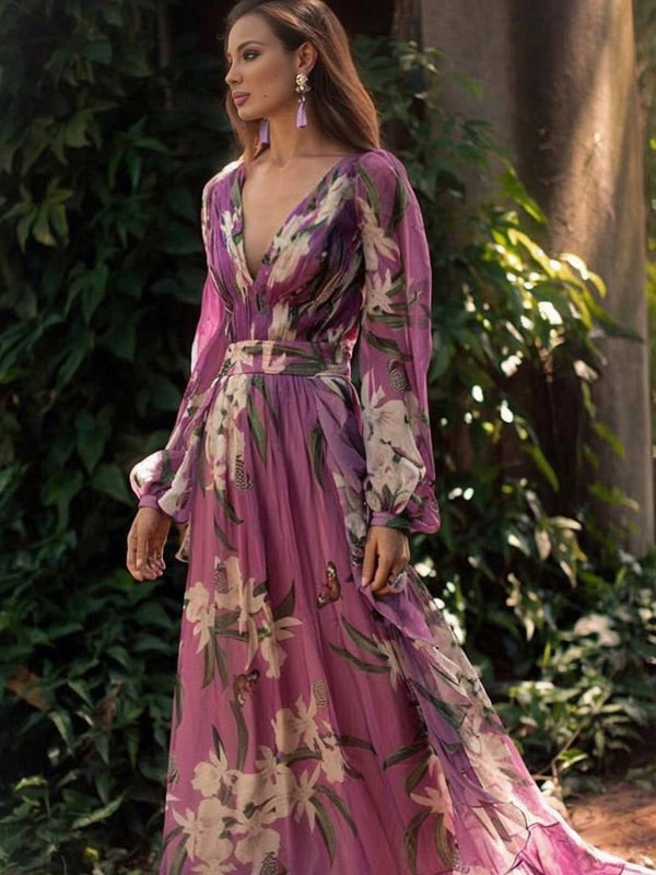 Robe Fleuri Élégante Col En V pour Femme - PanierRoyale