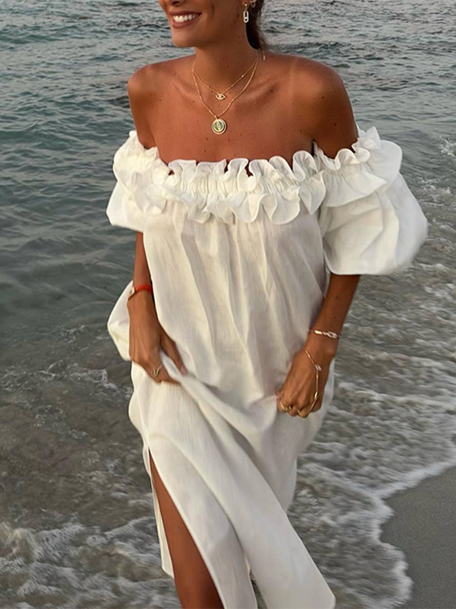 Robe Femme Longue Chic avec Col Rond et Manches Bouffantes - PanierRoyale