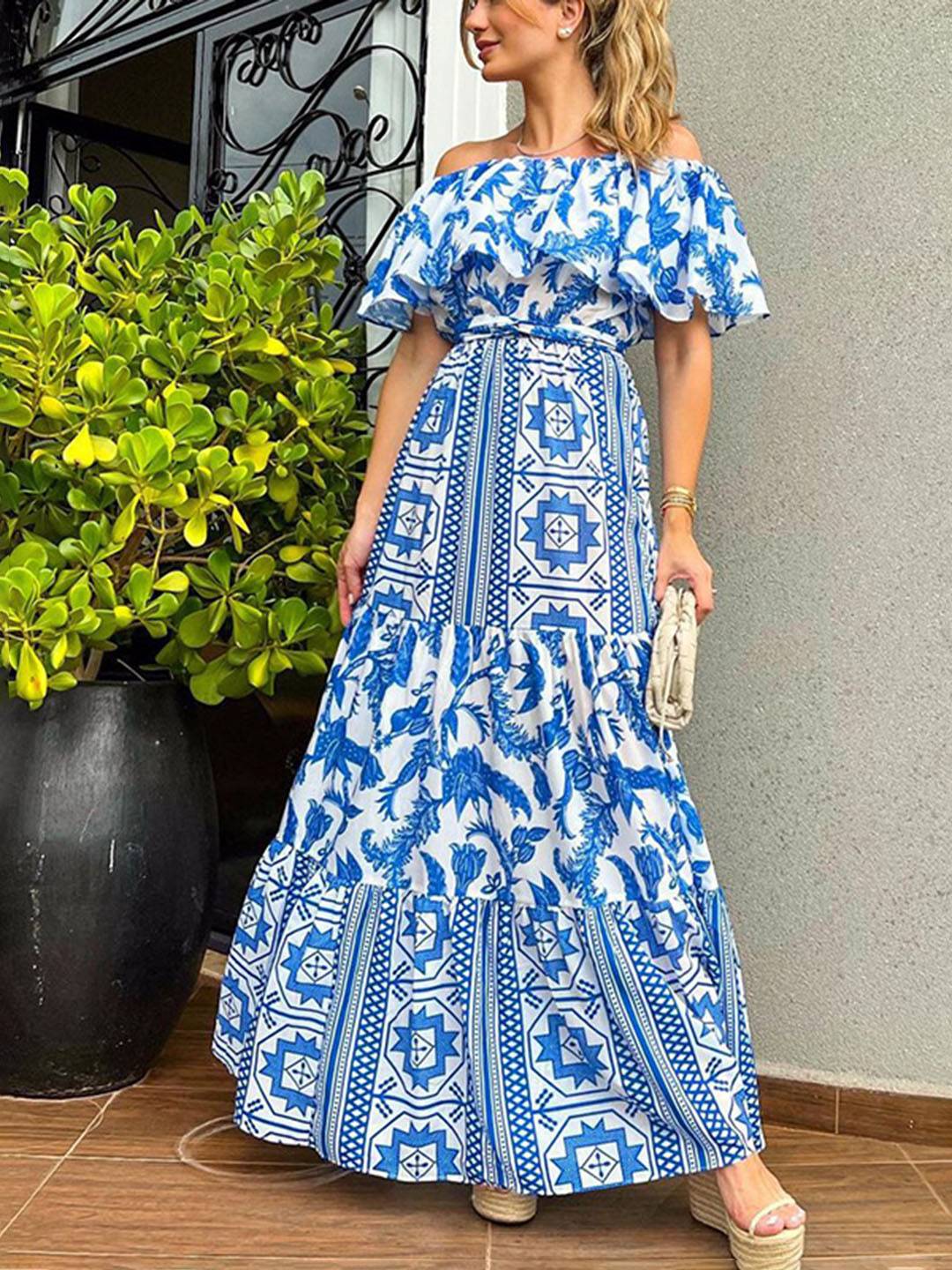 Robe de Plage Longue Été avec Col Bateau et Imprimé Géométrique - PanierRoyale