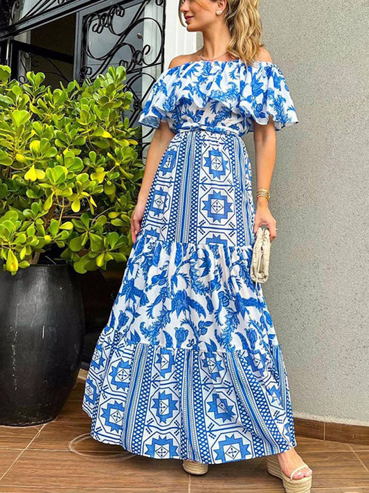 Robe de Plage Longue Été avec Col Bateau et Imprimé Géométrique - PanierRoyale