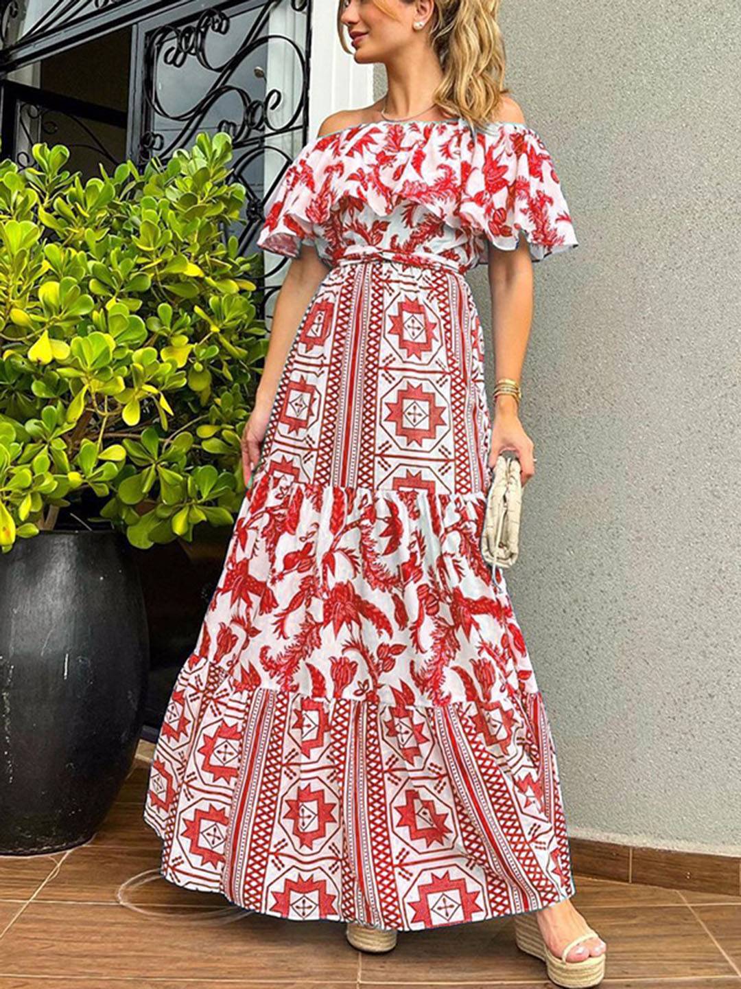 Robe de Plage Longue Été avec Col Bateau et Imprimé Géométrique
