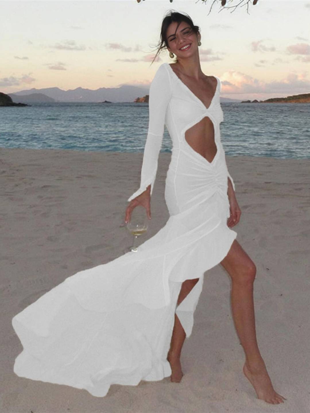 Robe de Plage Féminine - Robe Longue Plissée avec Décolleté en V et Manches Bouffantes