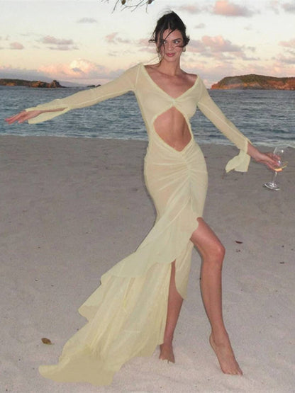 Robe de Plage Féminine - Robe Longue Plissée avec Décolleté en V et Manches Bouffantes - PanierRoyale