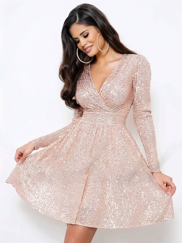Robe Femme Col en V Manches Longues Élégante - PanierRoyale