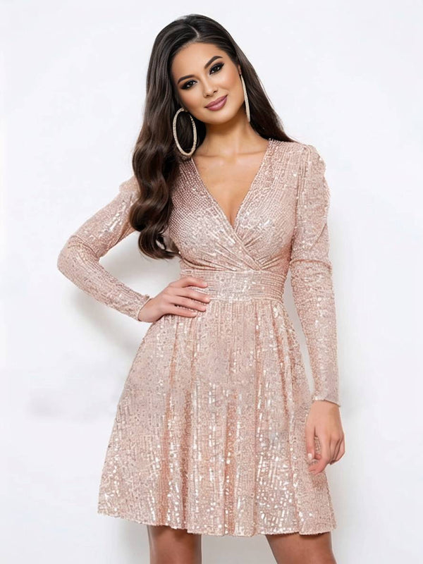 Robe Femme Col en V Manches Longues Élégante