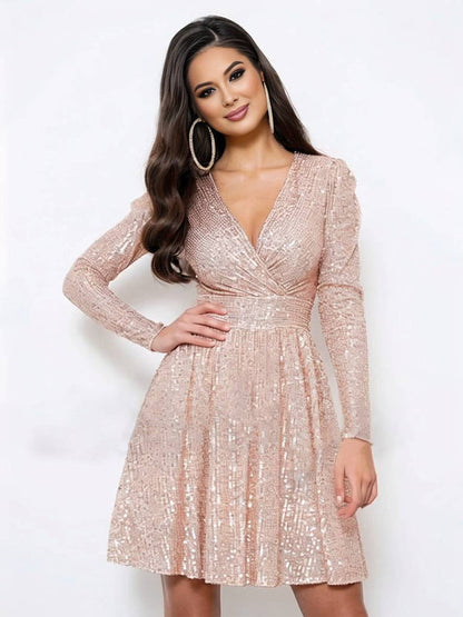 Robe Femme Col en V Manches Longues Élégante