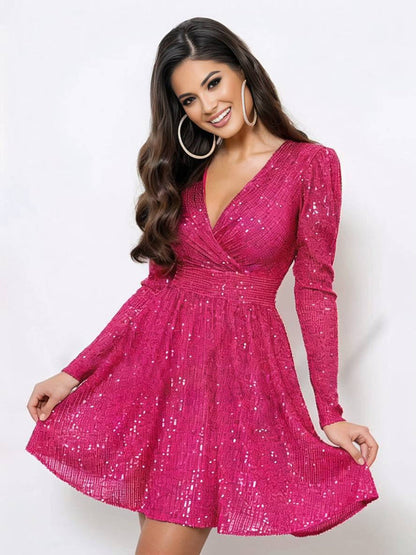 Robe Femme Col en V Manches Longues Élégante