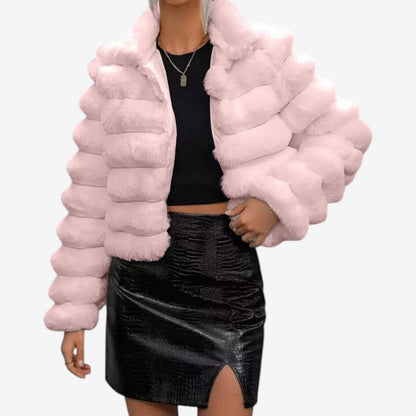Veste En Simili Fourrure Chic avec Col Montant et Manches Longues