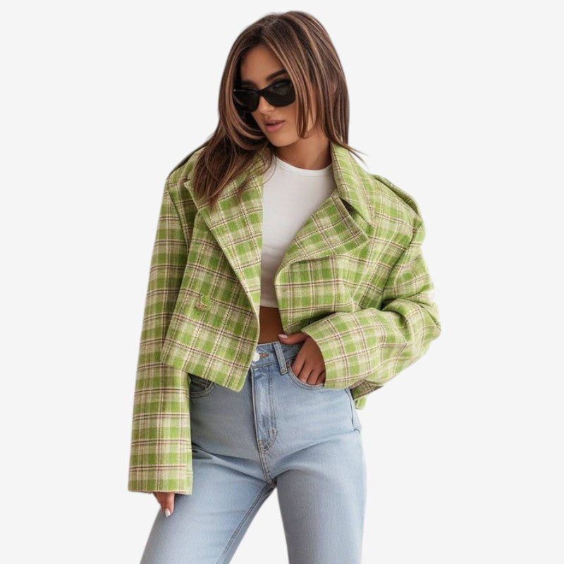 Manteau Hiver Élégant à Carreaux Taille Courte