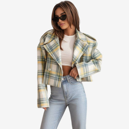 Manteau Hiver Élégant à Carreaux Taille Courte