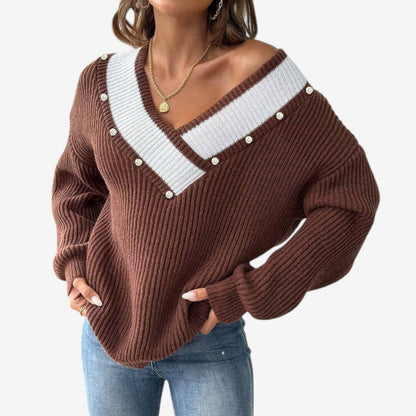 Pull femme décontracté col V manches longues doux