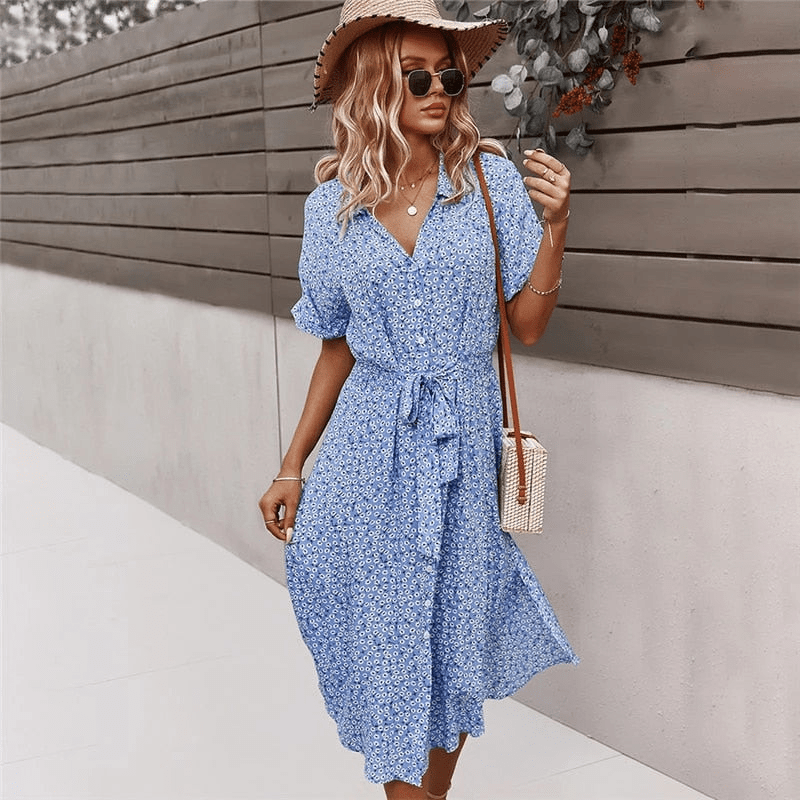 Robe Été Florale Mi-Longue avec Ceinture Élastique - PanierRoyale