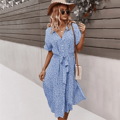 Robe Été Florale Mi-Longue avec Ceinture Élastique - PanierRoyale