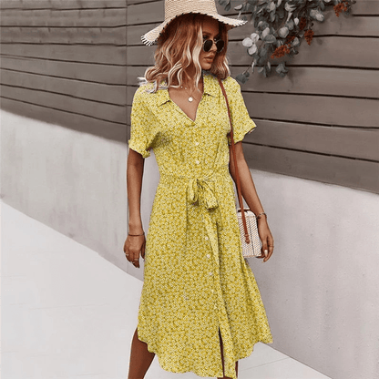 Robe Été Florale Mi-Longue avec Ceinture Élastique