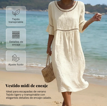 Robe Mi-Longue Femme Lin Col Rond Ajouré Manches Volantes Coupe Empire