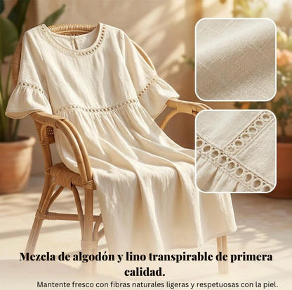 Robe Mi-Longue Femme Lin Col Rond Ajouré Manches Volantes Coupe Empire
