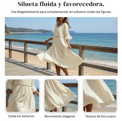 Robe Mi-Longue Femme Lin Col Rond Ajouré Manches Volantes Coupe Empire