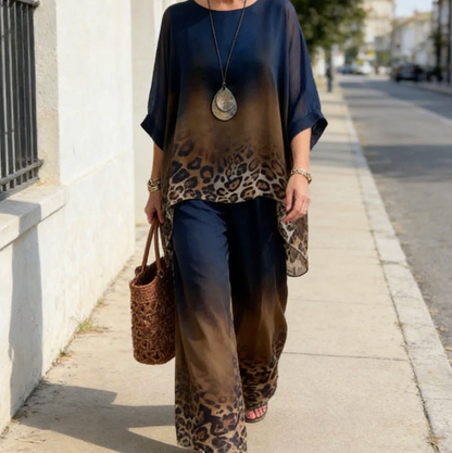 Ensemble Femme Poncho Imprimé Léopard Pantalon Large