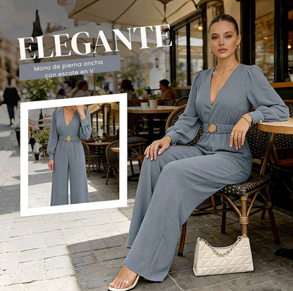Combinaison Femme Col V Manches Bouffantes Ceinture Taille