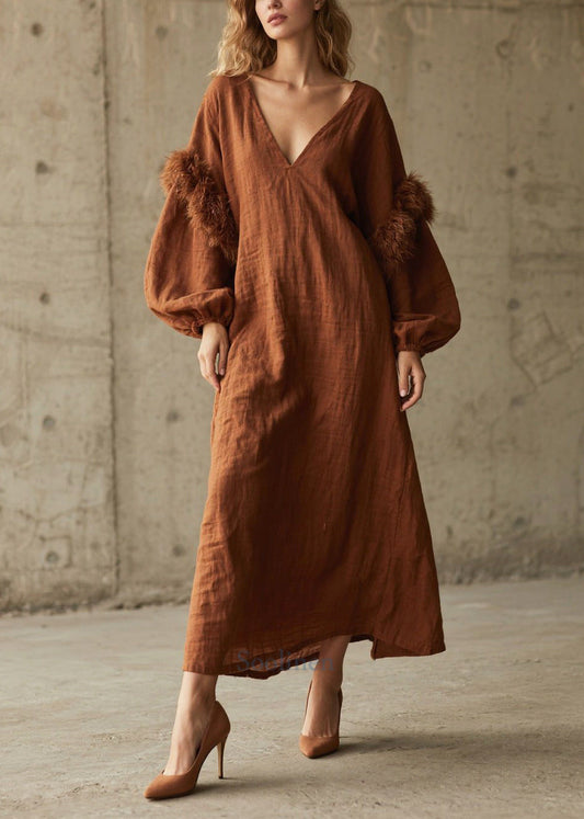 Douce robe hivernale en coton et faux cuir marron - EasyApparels