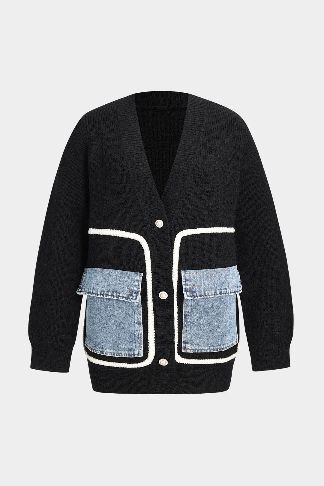 Cardigan Femme Noir en Maille avec Patches Jean - BerlinGlamour