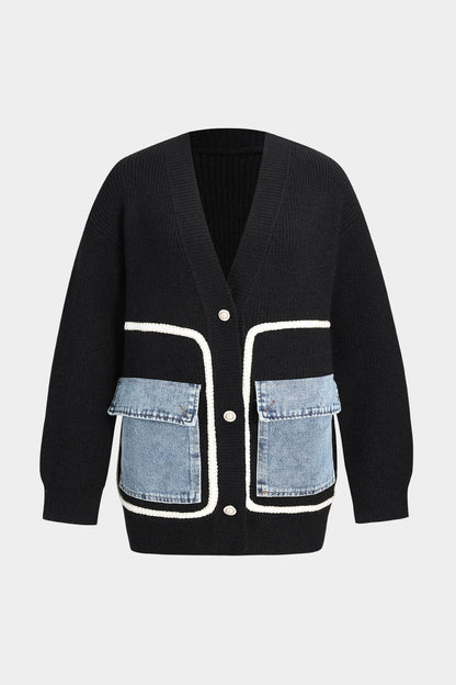 Cardigan Femme Noir en Maille avec Patches Jean - BerlinGlamour