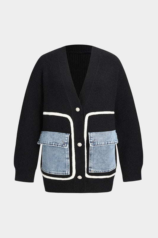 Cardigan Femme Noir en Maille avec Patches Jean - BerlinGlamour