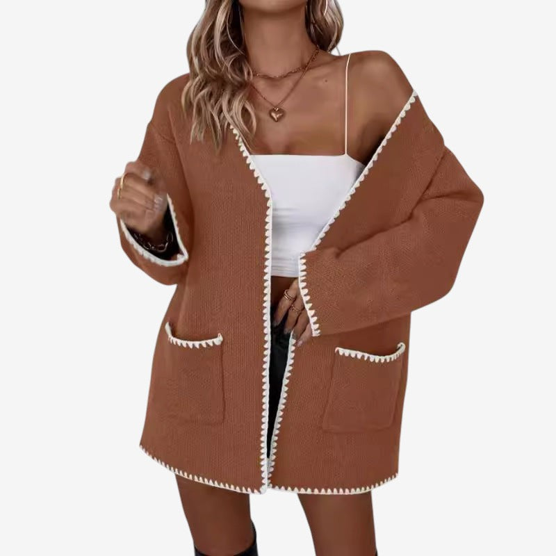 Manteau Femme Long Manches avec Poches et Col en V