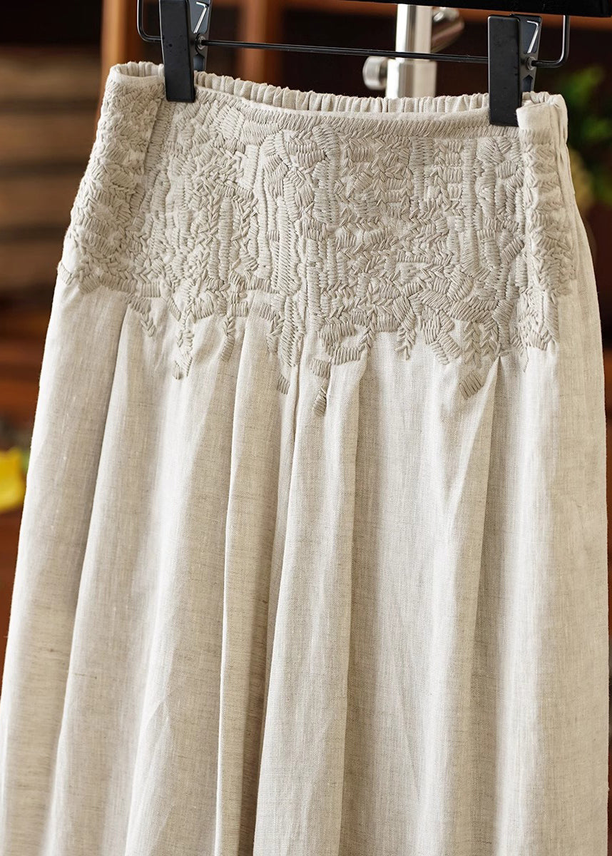 Large Linen Embroidered Apricot High Waist Casual Pants - EasyApparels