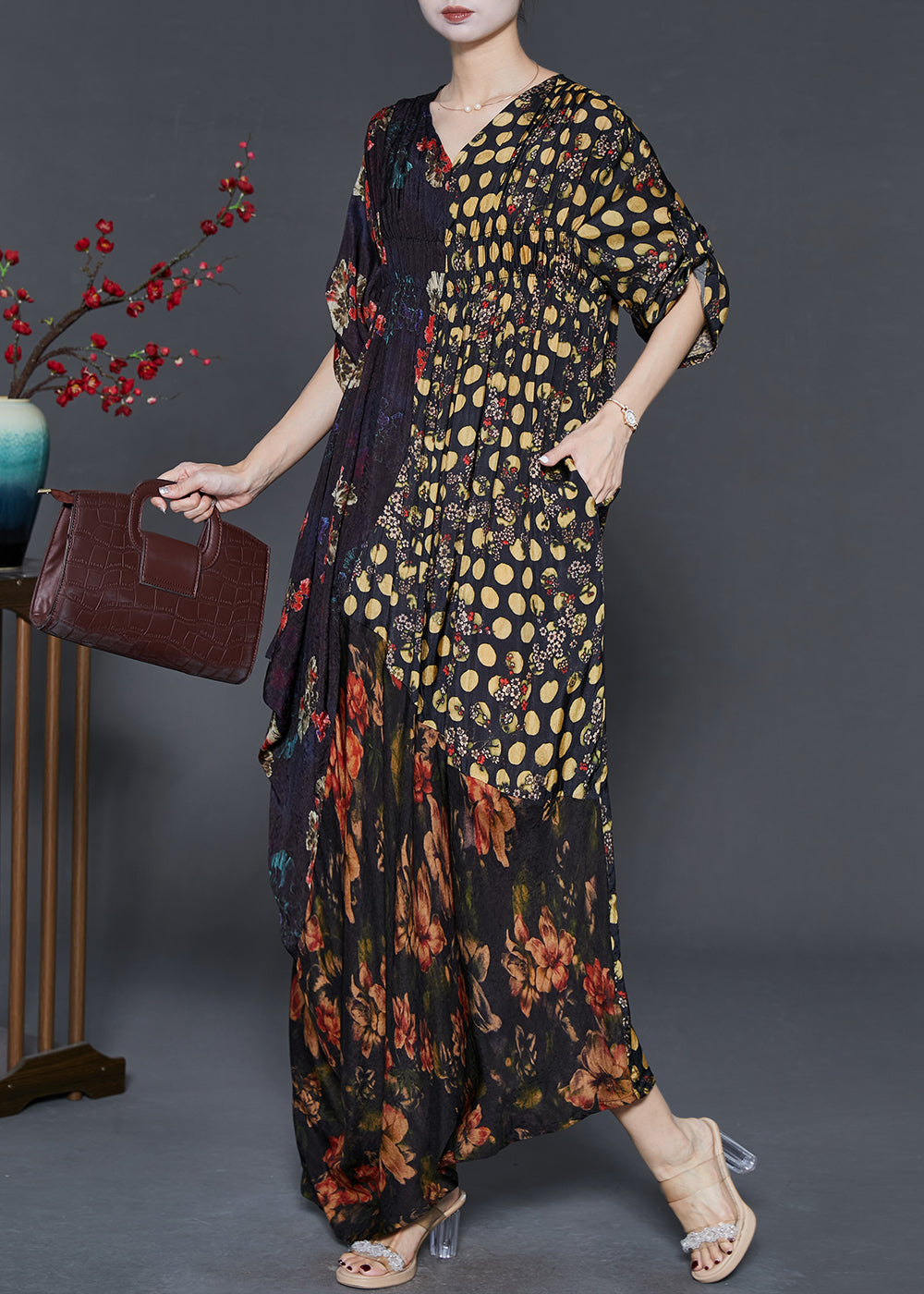 Robe décontractée en soie imprimée noir pour femme - EasyApparels
