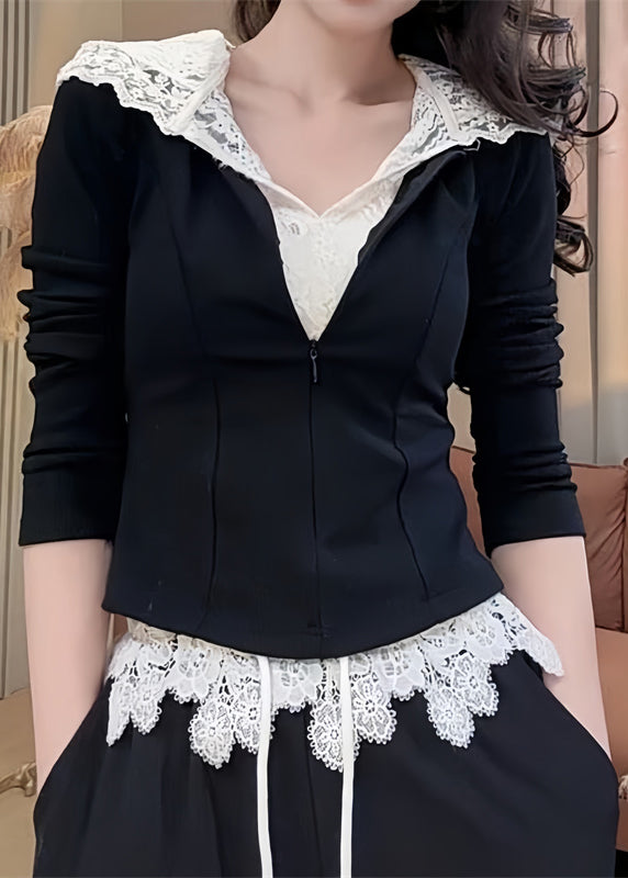 Décontracté deux pièces en dentelle noire avec hoodi - EasyApparels