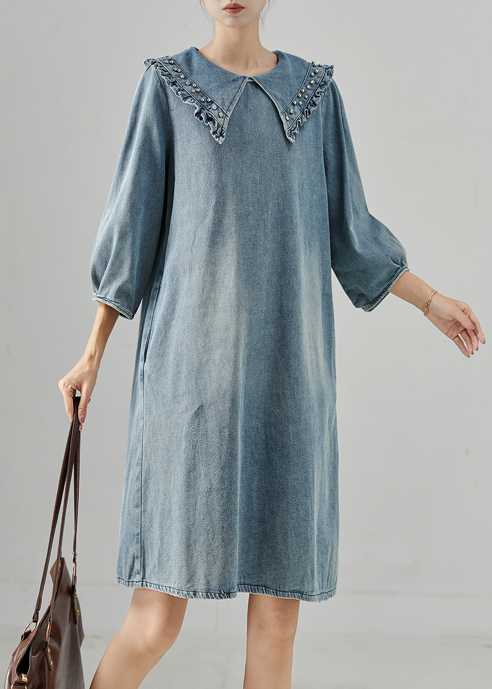 Décontractée denim bleu robe col Peter Pan - EasyApparels