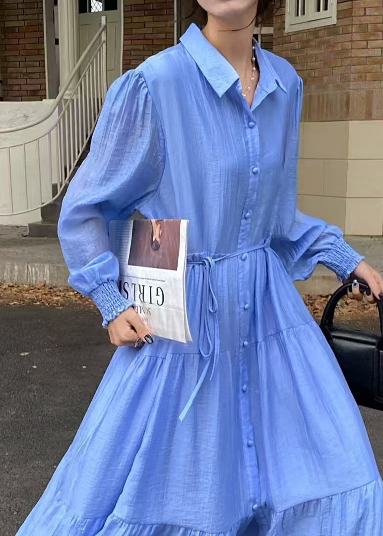Douce robe décontractée en coton bleu taille libre - EasyApparels