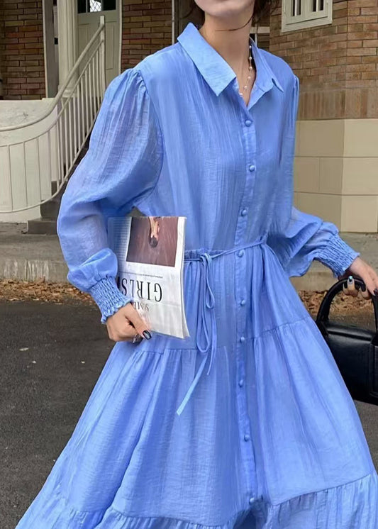 Douce robe décontractée en coton bleu taille libre - EasyApparels
