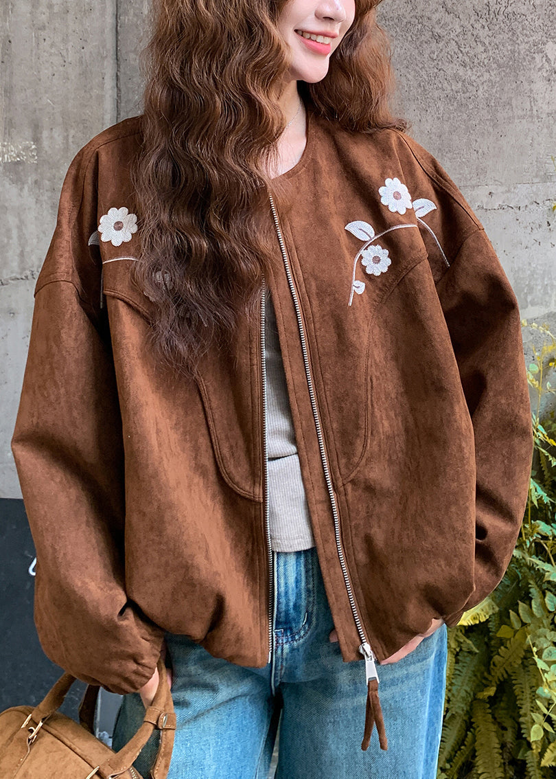 Casual Brown Embroidered Faux Leather Autumn Jacket - EasyApparels