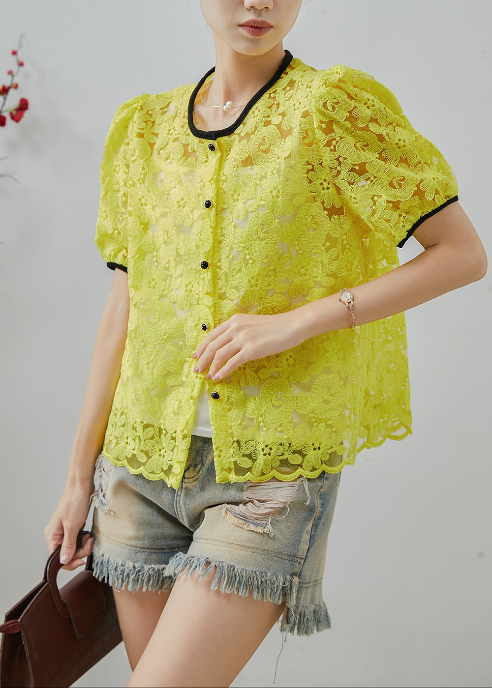 Décontracté Chemisier en dentelle jaune vif d'été - EasyApparels