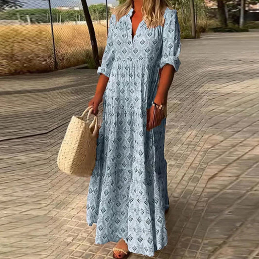Robe Grande Taille Élégante Bleu Floral Féminine - PanierRoyale
