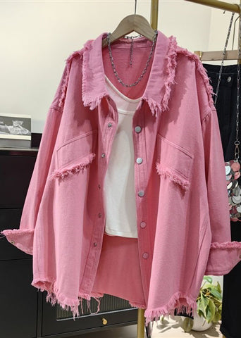 Vestes décontractées en jean oversize roses pour femme automne - EasyApparels