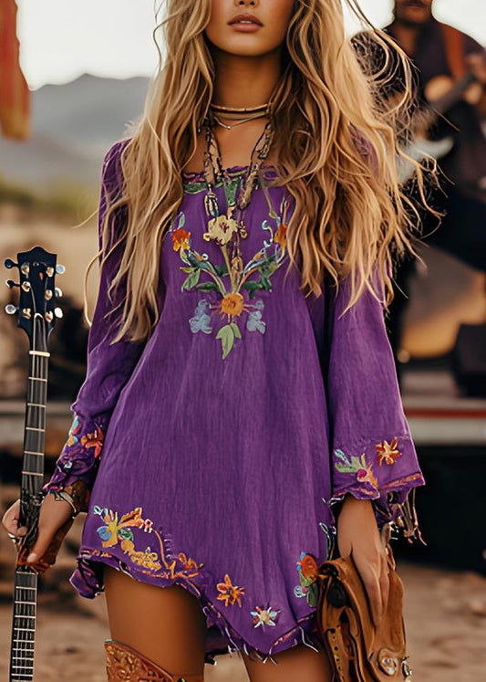 Robe décontractée midi en coton violet à manches longues - EasyApparels
