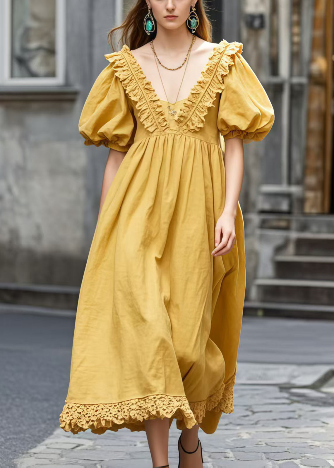 Robe détendue jaune en coton doux à col en V et manches larges - EasyApparels