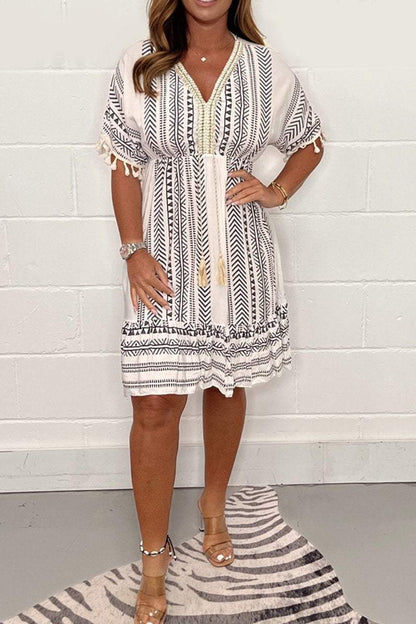 Robe Femme Imprimée Coton Col en V Manches Courtes