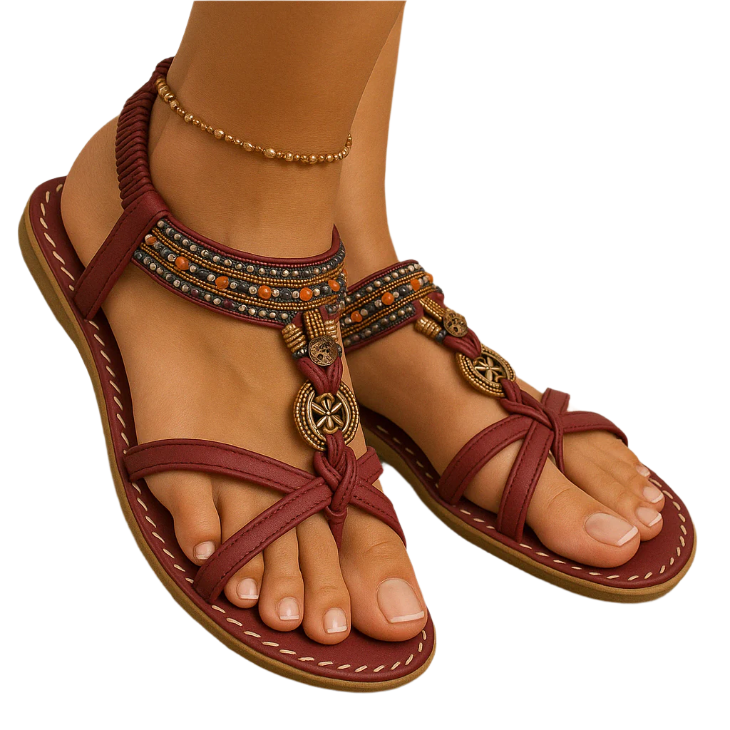 Sandales en Cuir Brun avec Perles Décoratives