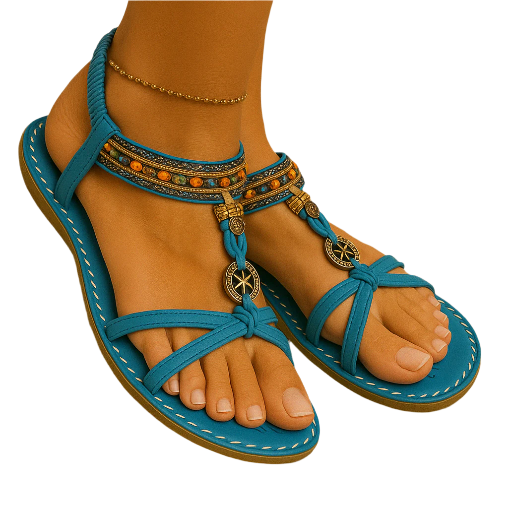 Sandales en Cuir Brun avec Perles Décoratives