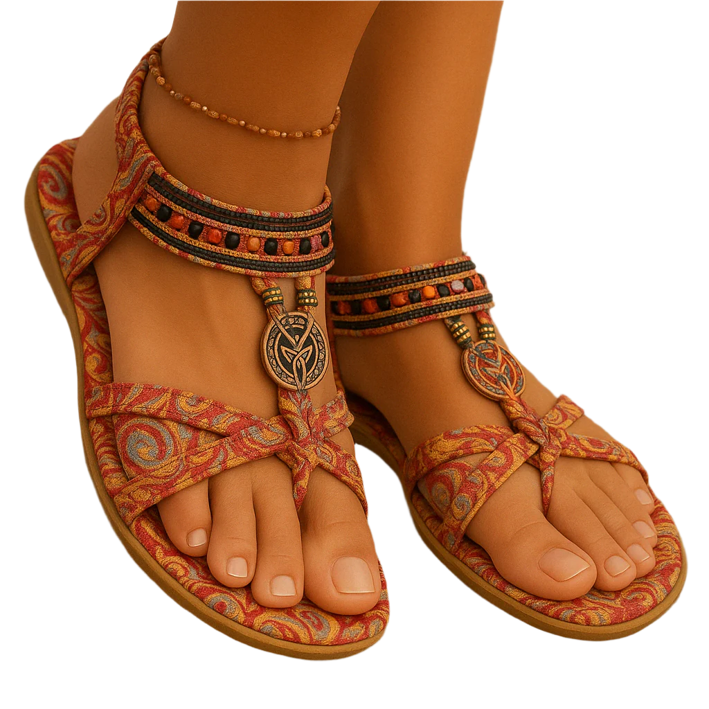 Sandales en Cuir Brun avec Perles Décoratives
