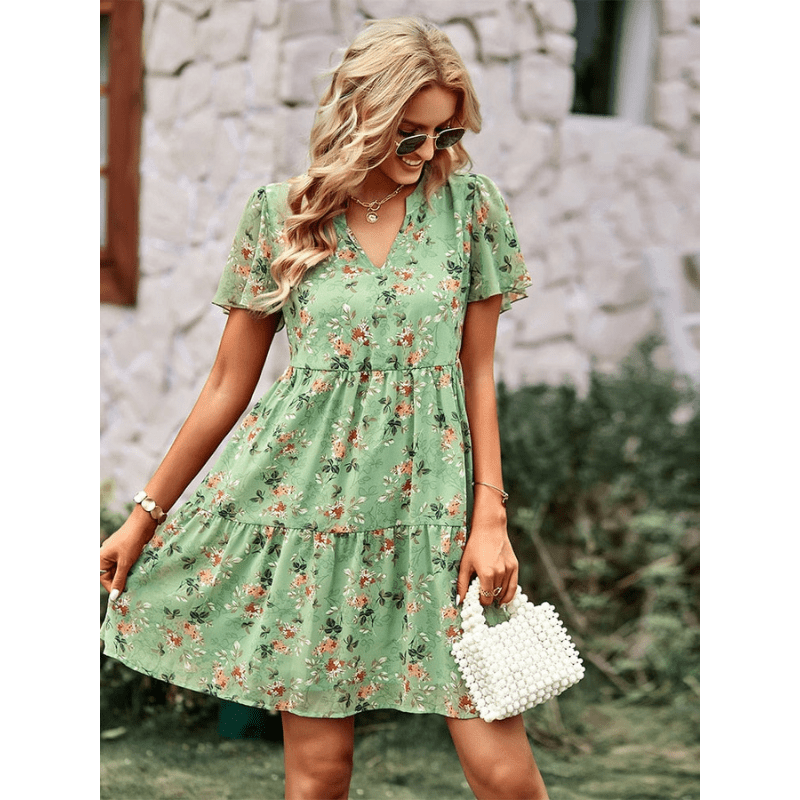 Robe Été Floral Légère avec Manches Courtes