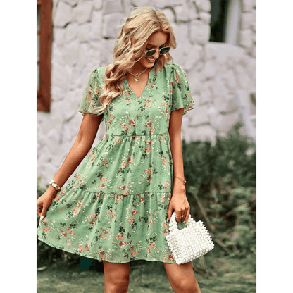 Robe Été Floral Légère avec Manches Courtes