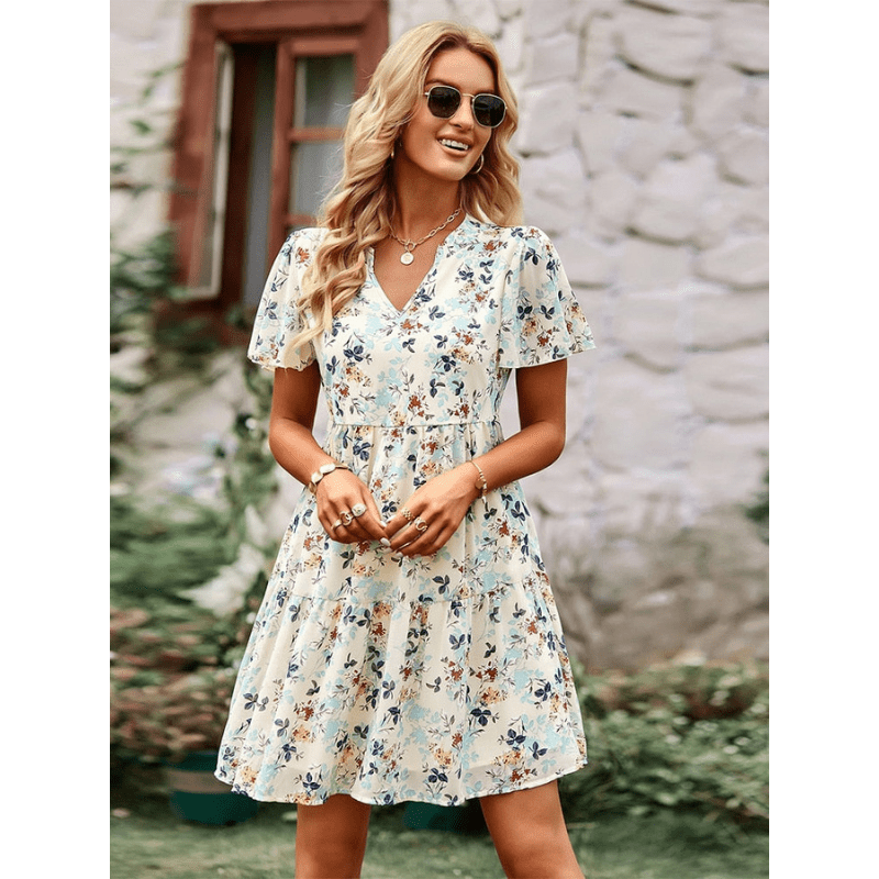Robe Été Floral Légère avec Manches Courtes