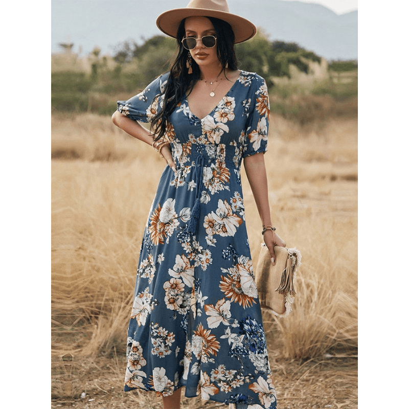 Robe Été Légère à Fleurs Col V pour Femme - PanierRoyale