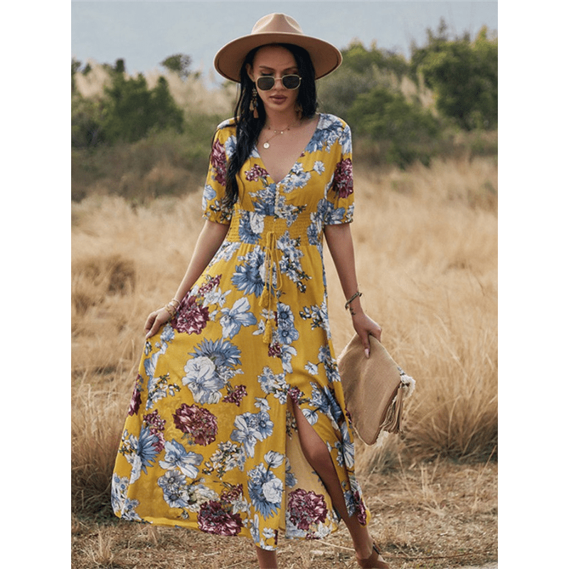 Robe Été Légère à Fleurs Col V pour Femme