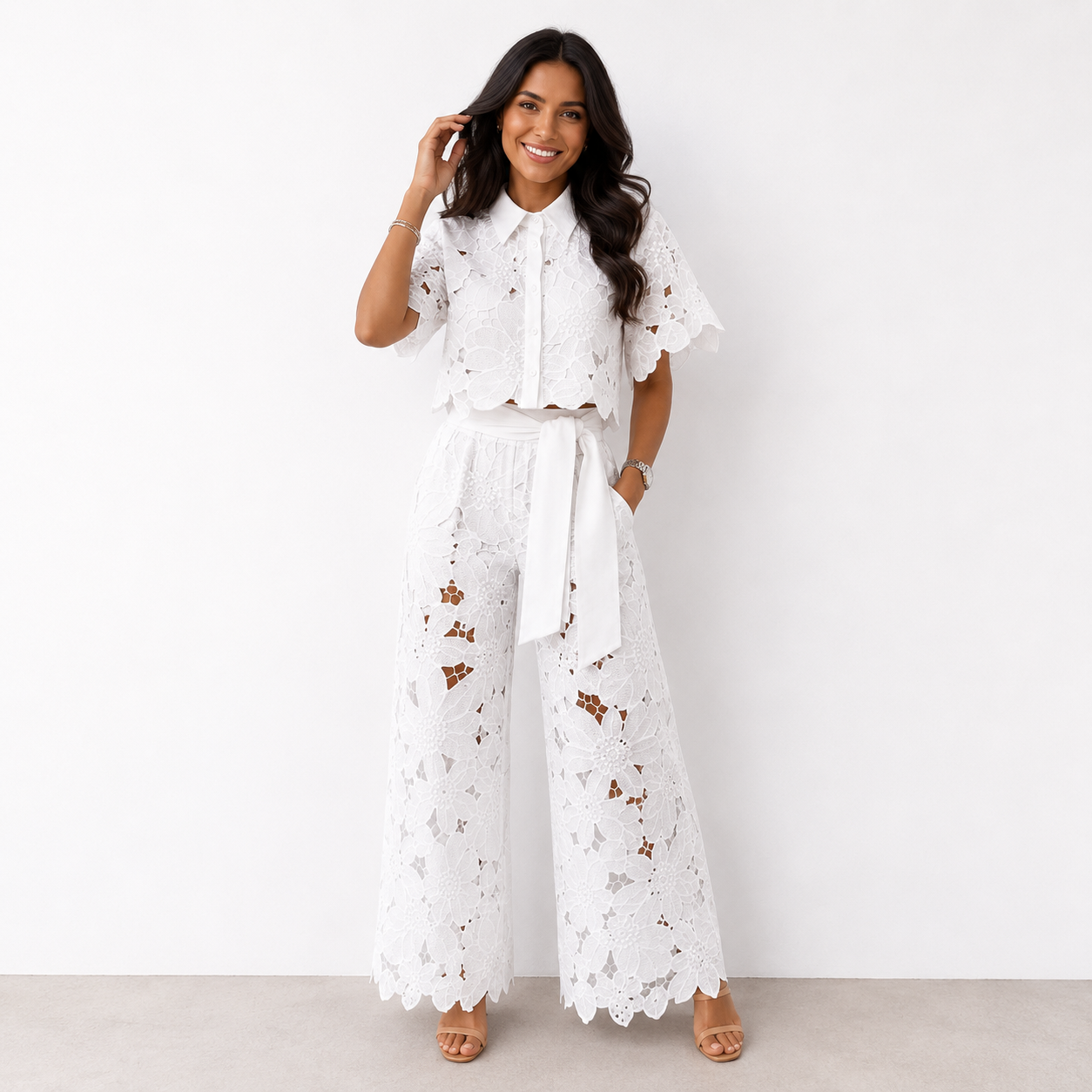 Ensemble Femme Fluide Dentelle Florale Coupe Élégante